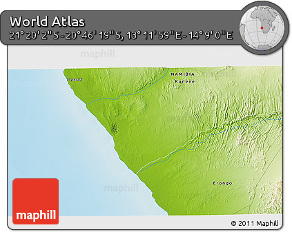 Physical 3D Map of the Area around 21° 3' 11" S, 13° 40' 30" E