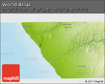 Physical 3D Map of the Area around 21° 3' 11" S, 13° 40' 30" E