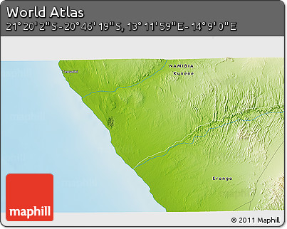 Physical 3D Map of the Area around 21° 3' 11" S, 13° 40' 30" E