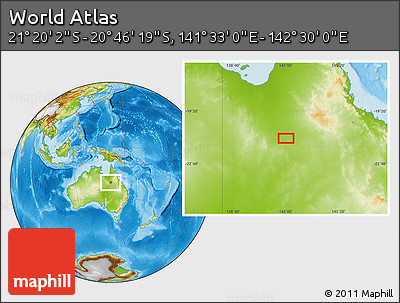 Physical Location Map of the Area around 21° 3' 11" S, 142° 1' 30" E