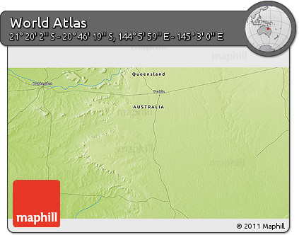 Physical 3D Map of the Area around 21° 3' 11" S, 144° 34' 29" E