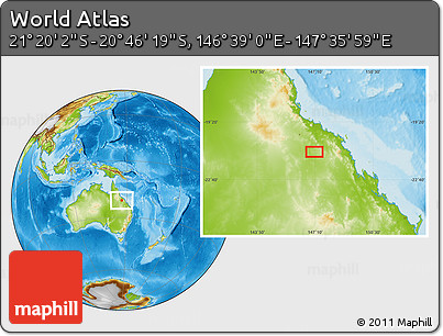 Physical Location Map of the Area around 21° 3' 11" S, 147° 7' 30" E