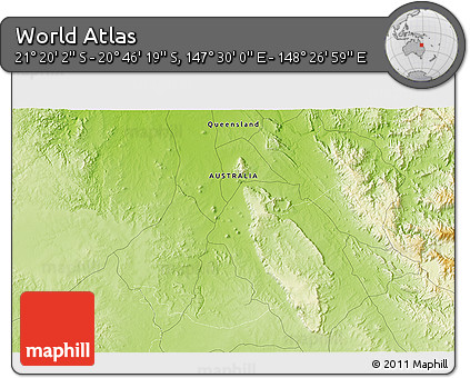 Physical 3D Map of the Area around 21° 3' 11" S, 147° 58' 29" E