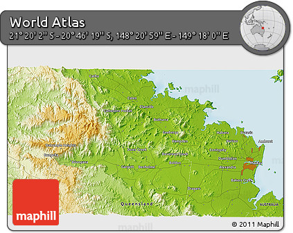 Physical 3D Map of the Area around 21° 3' 11" S, 148° 49' 29" E