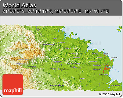 Physical 3D Map of the Area around 21° 3' 11" S, 148° 49' 29" E