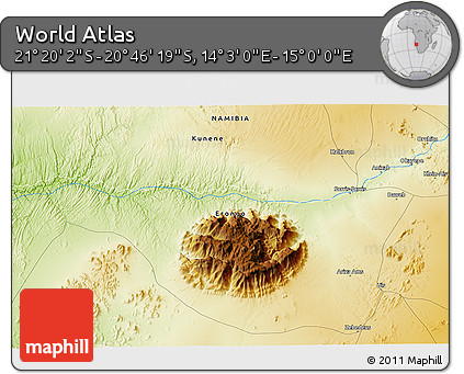 Physical 3D Map of the Area around 21° 3' 11" S, 14° 31' 30" E