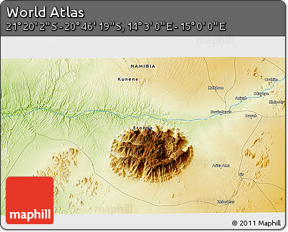 Physical 3D Map of the Area around 21° 3' 11" S, 14° 31' 30" E