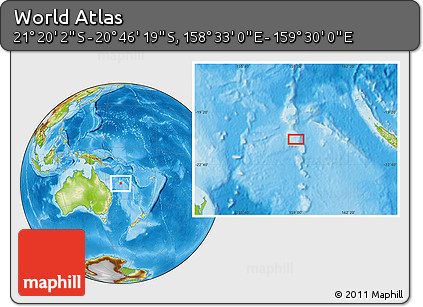 Physical Location Map of the Area around 21° 3' 11" S, 159° 1' 30" E