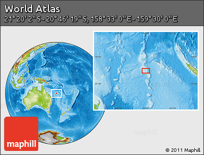 Physical Location Map of the Area around 21° 3' 11" S, 159° 1' 30" E