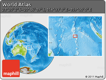 Physical Location Map of the Area around 21° 3' 11" S, 159° 1' 30" E