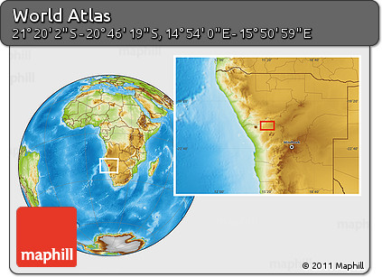 Physical Location Map of the Area around 21° 3' 11" S, 15° 22' 30" E