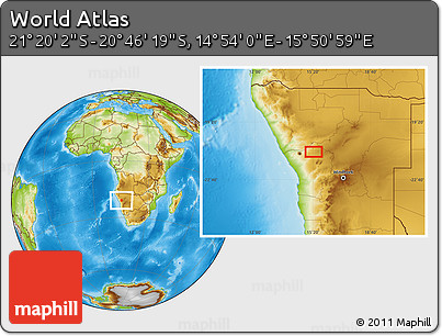 Physical Location Map of the Area around 21° 3' 11" S, 15° 22' 30" E