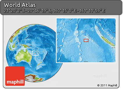Physical Location Map of the Area around 21° 3' 11" S, 160° 43' 29" E