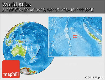 Physical Location Map of the Area around 21° 3' 11" S, 160° 43' 29" E