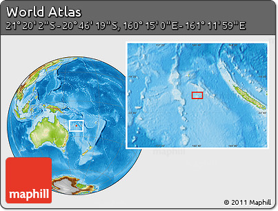 Physical Location Map of the Area around 21° 3' 11" S, 160° 43' 29" E