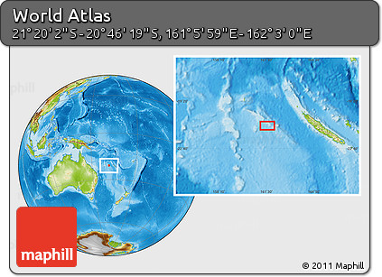 Physical Location Map of the Area around 21° 3' 11" S, 161° 34' 29" E