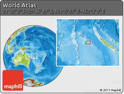 Physical Location Map of the Area around 21° 3' 11" S, 161° 34' 29" E