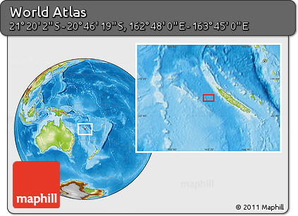 Physical Location Map of the Area around 21° 3' 11" S, 163° 16' 30" E
