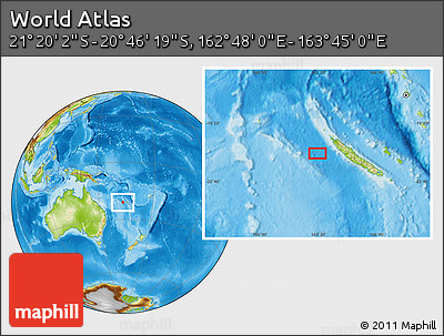 Physical Location Map of the Area around 21° 3' 11" S, 163° 16' 30" E