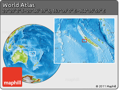 Physical Location Map of the Area around 21° 3' 11" S, 164° 7' 30" E