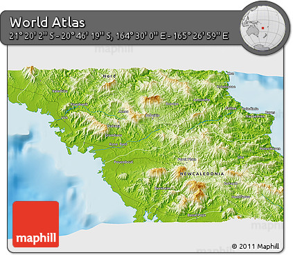 Physical 3D Map of the Area around 21° 3' 11" S, 164° 58' 29" E