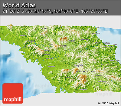 Physical 3D Map of the Area around 21° 3' 11" S, 164° 58' 29" E