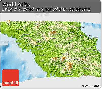 Physical 3D Map of the Area around 21° 3' 11" S, 164° 58' 29" E