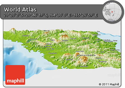 Physical Panoramic Map of the Area around 21° 3' 11" S, 164° 58' 29" E