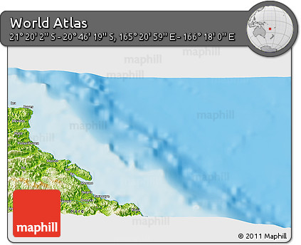 Physical 3D Map of the Area around 21° 3' 11" S, 165° 49' 29" E