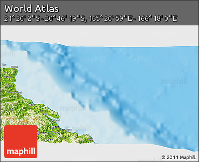 Physical 3D Map of the Area around 21° 3' 11" S, 165° 49' 29" E