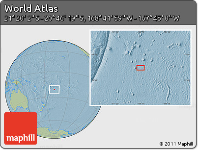 Savanna Style Location Map of the Area around 21° 3' 11" S, 168° 13' 29" W, hill shading