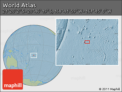 Savanna Style Location Map of the Area around 21° 3' 11" S, 168° 13' 29" W, hill shading