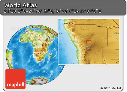 Physical Location Map of the Area around 21° 3' 11" S, 17° 4' 30" E
