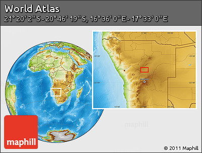 Physical Location Map of the Area around 21° 3' 11" S, 17° 4' 30" E
