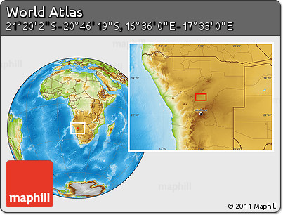 Physical Location Map of the Area around 21° 3' 11" S, 17° 4' 30" E