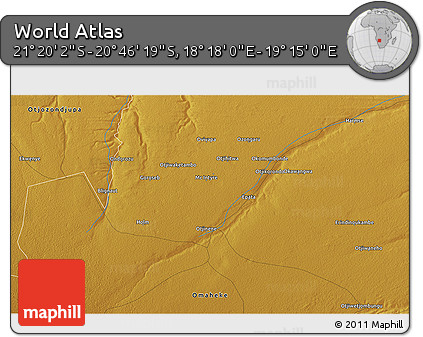 Physical 3D Map of the Area around 21° 3' 11" S, 18° 46' 29" E