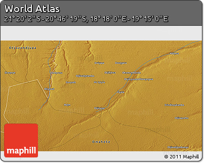 Physical 3D Map of the Area around 21° 3' 11" S, 18° 46' 29" E