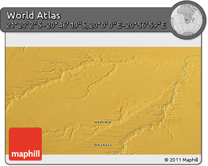 Physical 3D Map of the Area around 21° 3' 11" S, 20° 28' 30" E