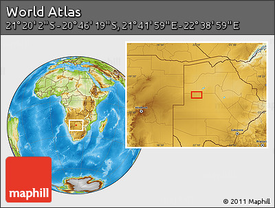 Physical Location Map of the Area around 21° 3' 11" S, 22° 10' 29" E