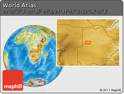 Physical Location Map of the Area around 21° 3' 11" S, 22° 10' 29" E