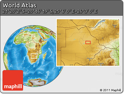 Physical Location Map of the Area around 21° 3' 11" S, 25° 34' 30" E
