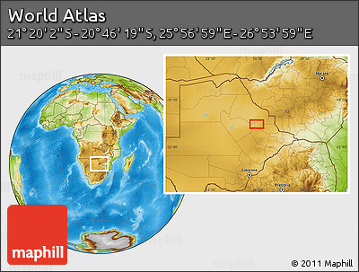 Physical Location Map of the Area around 21° 3' 11" S, 26° 25' 29" E