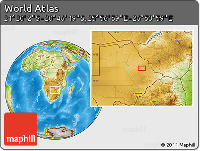 Physical Location Map of the Area around 21° 3' 11" S, 26° 25' 29" E