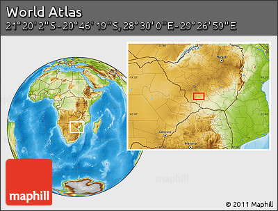 Physical Location Map of the Area around 21° 3' 11" S, 28° 58' 30" E