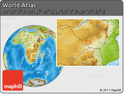 Physical Location Map of the Area around 21° 3' 11" S, 28° 58' 30" E