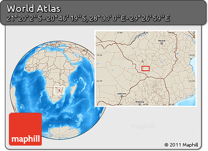 Shaded Relief Location Map of the Area around 21° 3' 11" S, 28° 58' 30" E
