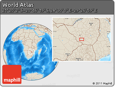 Shaded Relief Location Map of the Area around 21° 3' 11" S, 28° 58' 30" E