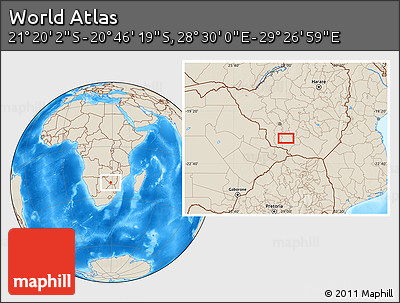 Shaded Relief Location Map of the Area around 21° 3' 11" S, 28° 58' 30" E