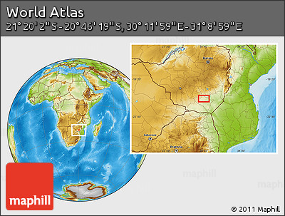 Physical Location Map of the Area around 21° 3' 11" S, 30° 40' 29" E