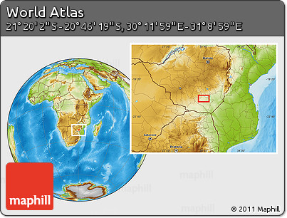 Physical Location Map of the Area around 21° 3' 11" S, 30° 40' 29" E